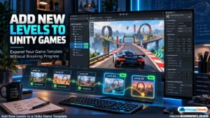 Adding New Levels to Unity Games : Unity game development workstation showing a car stunt racing template with newly added levels, scene hierarchy, checkpoints, and progression configuration.
