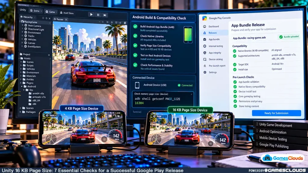 Unity Android compatibility testing workflow showing 4 KB and 16 KB devices, racing gameplay, and Google Play App Bundle verification.