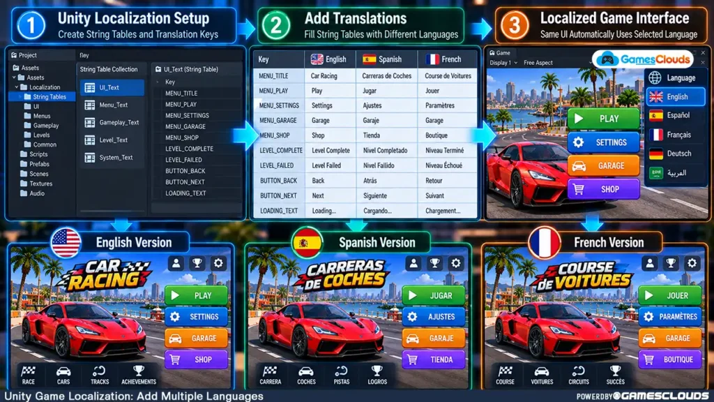 Unity localization workflow showing string table keys connected to English, Spanish, and French versions of a racing game menu.