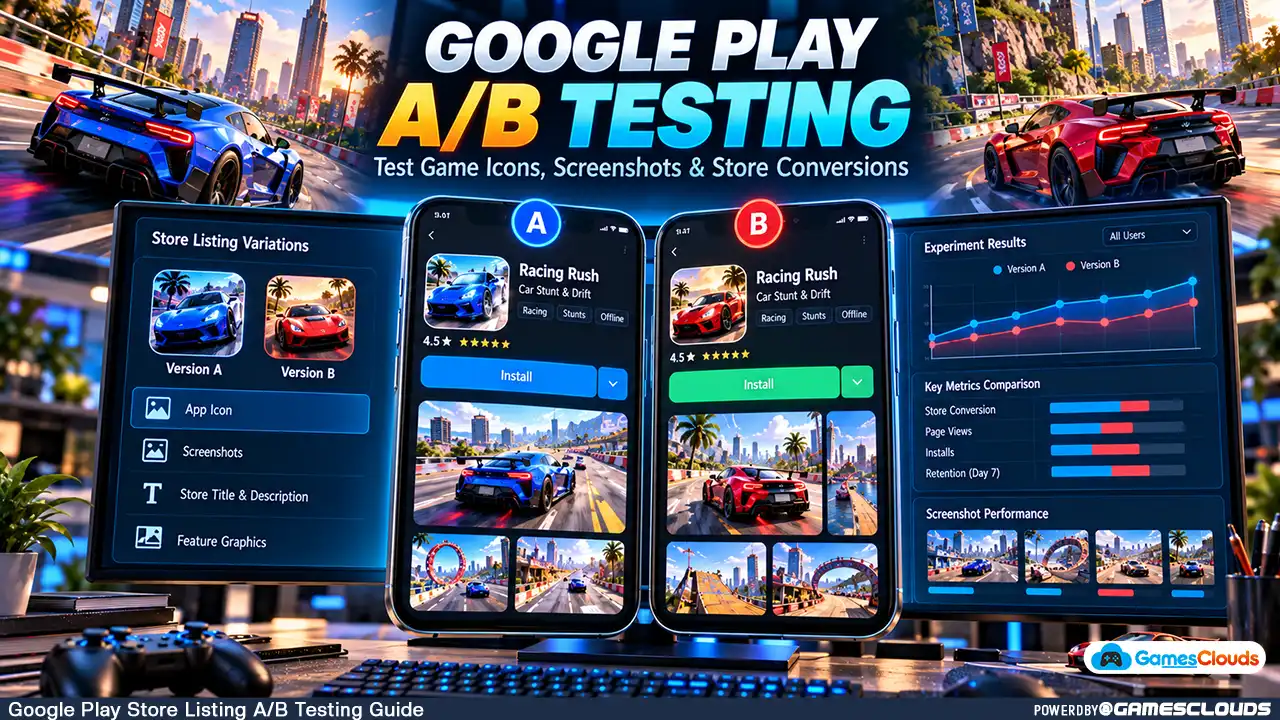 Google Play store listing A/B testing illustration comparing two racing game store listings with different icons, screenshots, and experiment analytics.