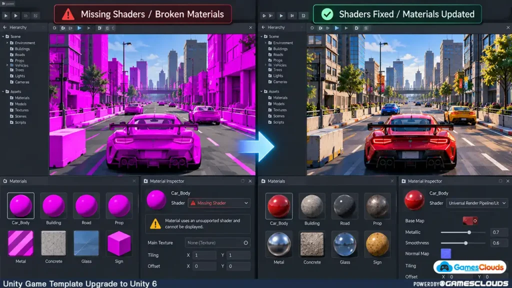 Comparison of broken pink shader materials and correctly rendered materials after fixing Unity project compatibility issues.