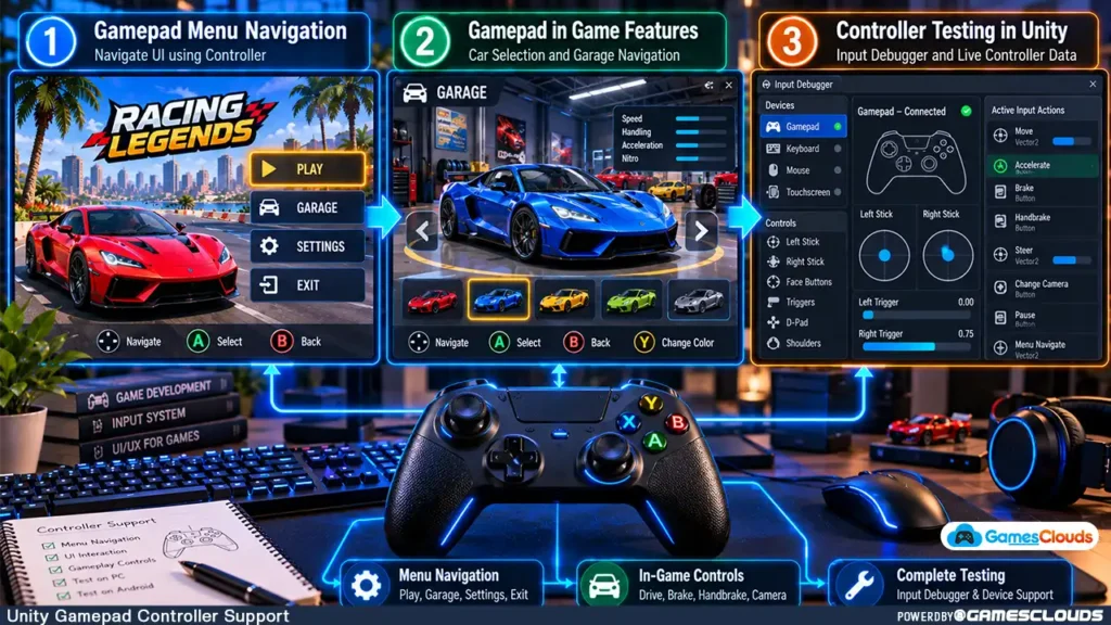 How to Add Unity Gamepad Support Controller Support to a Unity Game Template 3 Unity controller testing workflow showing gamepad menu navigation, racing game garage selection, and Input Debugger information.