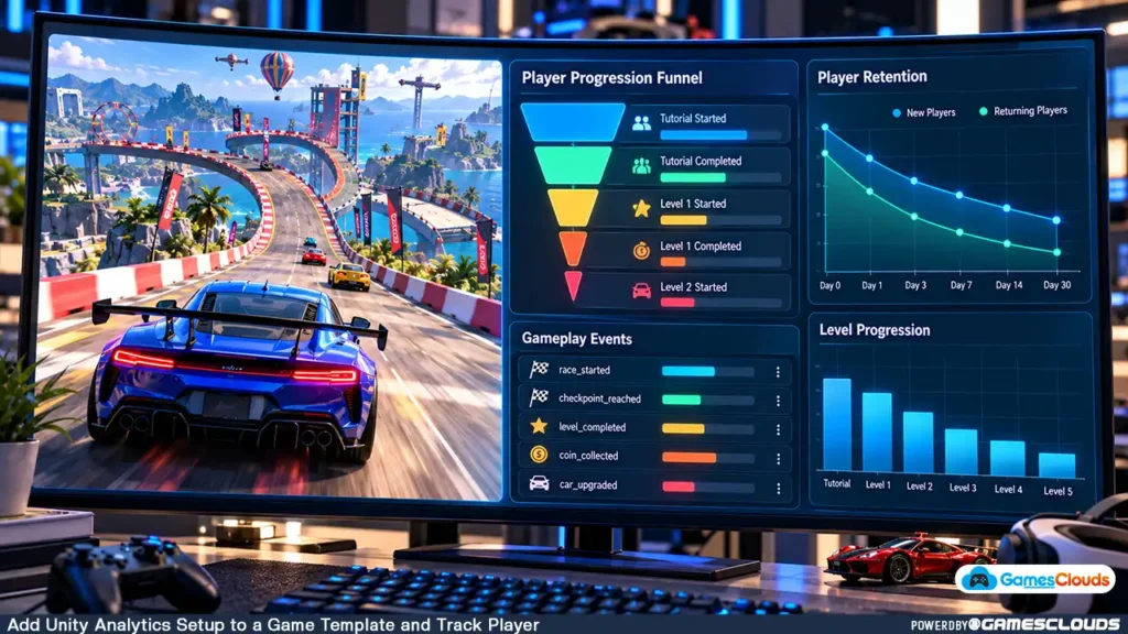 Unity racing game analytics illustration showing a player progression funnel, retention chart, and gameplay event analysis.