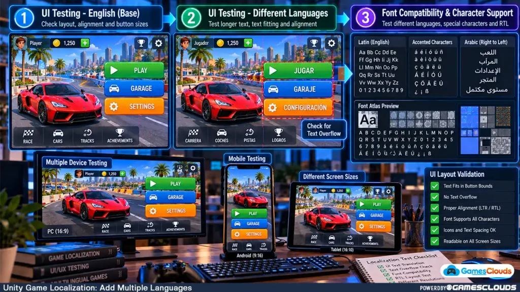 Unity multilingual UI testing workflow showing translated menus, text overflow checks, font compatibility, and Android and PC previews.