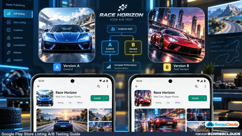 Mobile game icon A/B testing comparison showing blue and red sports car icons used in alternative Google Play store listings.