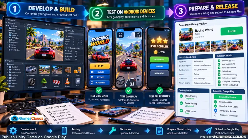 Unity mobile game testing and publishing workflow showing game development, Android device testing, store listing preparation, and release review.