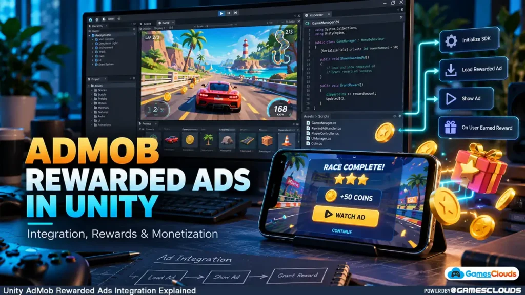 Unity mobile game monetization concept showing a racing game, rewarded advertisement button, virtual coins, and development interface with AdMob rewarded ads Unity