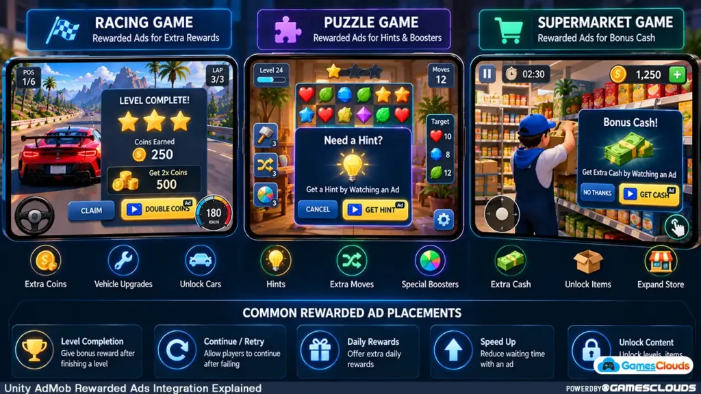 Three mobile game examples showing optional rewarded ads for racing coins, puzzle hints, and simulation game currency.