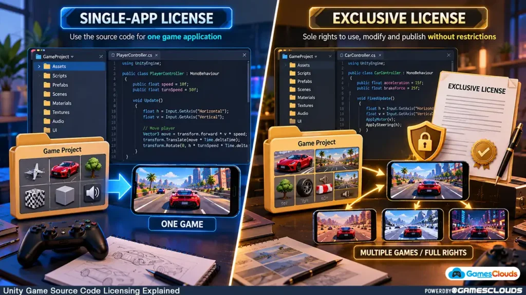 Educational comparison of single-app and exclusive Unity game source code licensing arrangements.