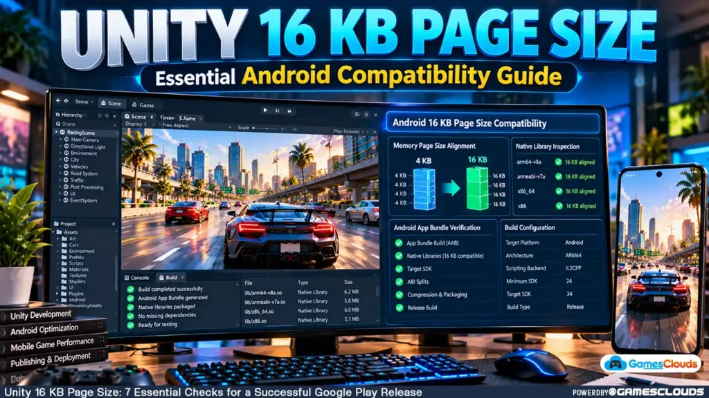 Unity 16 KB Page Size compatibility illustration showing a racing game, Android build verification, and native library alignment checks.