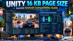Unity 16 KB Page Size compatibility illustration showing a racing game, Android build verification, and native library alignment checks.
