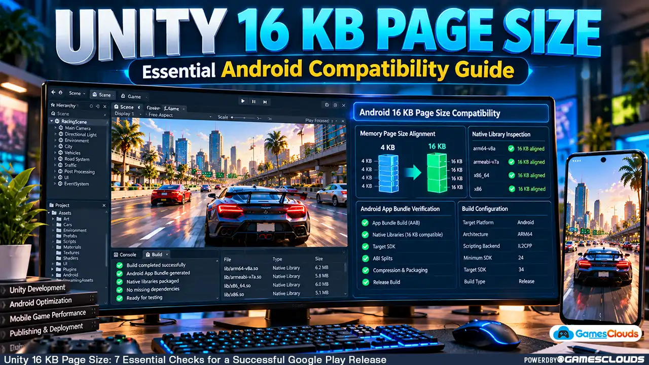 Blog 1 Unity 16 KB Page Size compatibility illustration showing a racing game, Android build verification, and native library alignment checks.