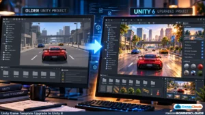 Before-and-after comparison of an older Unity racing game project and its upgraded Unity 6 development environment Upgrade Unity Project to Unity 6 safely
