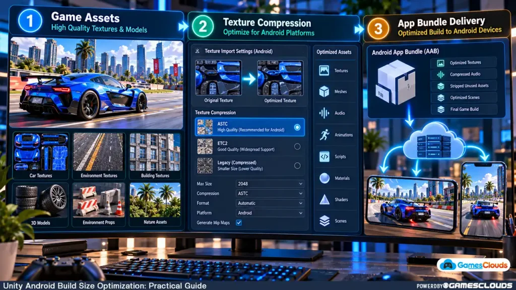 Unity Android optimization workflow showing high-resolution textures, ASTC and ETC2 compression, and App Bundle delivery to mobile devices.