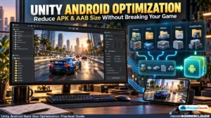 Unity Android build size optimization illustration showing a racing game, asset compression dashboard, and optimized mobile game package.