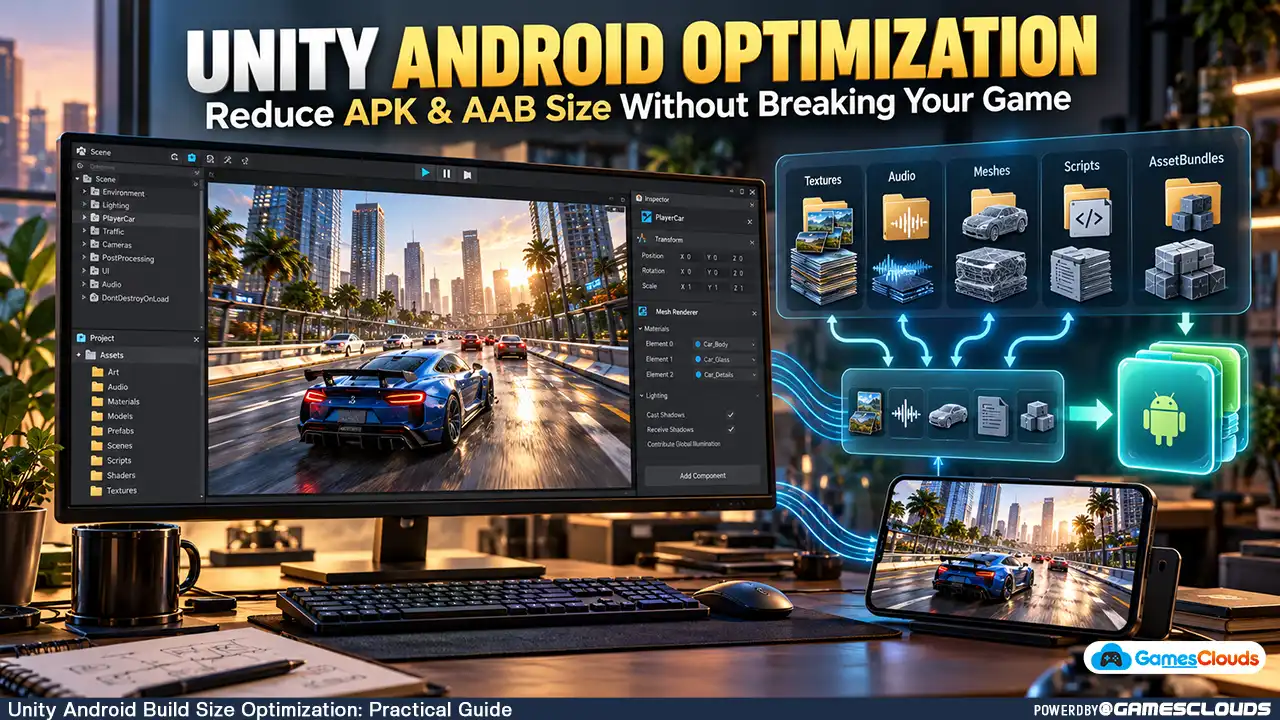 Unity Android build size optimization illustration showing a racing game, asset compression dashboard, and optimized mobile game package.