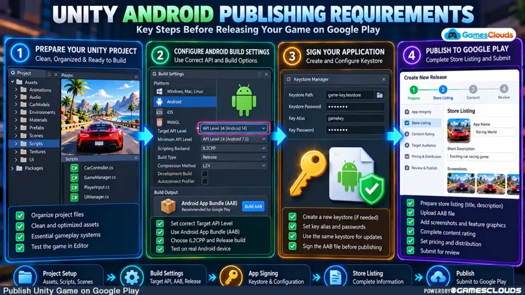 Unity Android publishing workflow showing project preparation, API configuration, Android App Bundle creation, and application signing.
