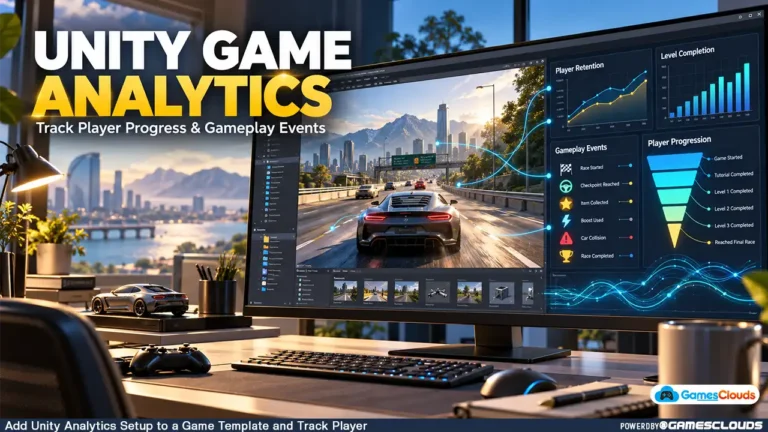 Unity Analytics setup : Unity game analytics illustration showing a racing game connected to player retention, level progression, and gameplay event dashboards.