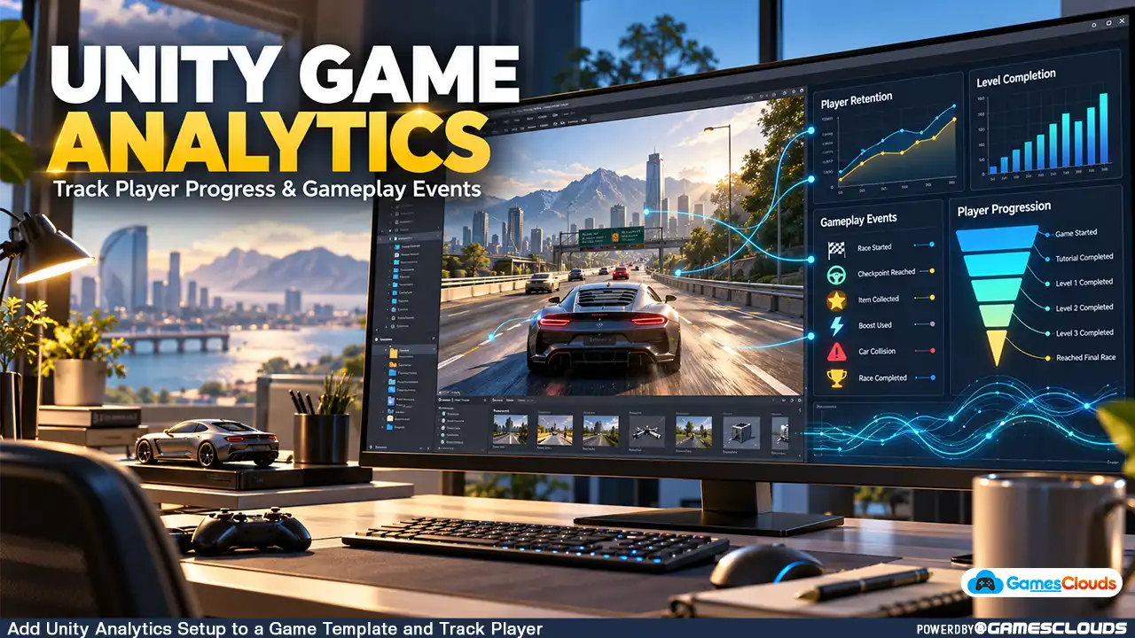 Unity Analytics setup : Unity game analytics illustration showing a racing game connected to player retention, level progression, and gameplay event dashboards.