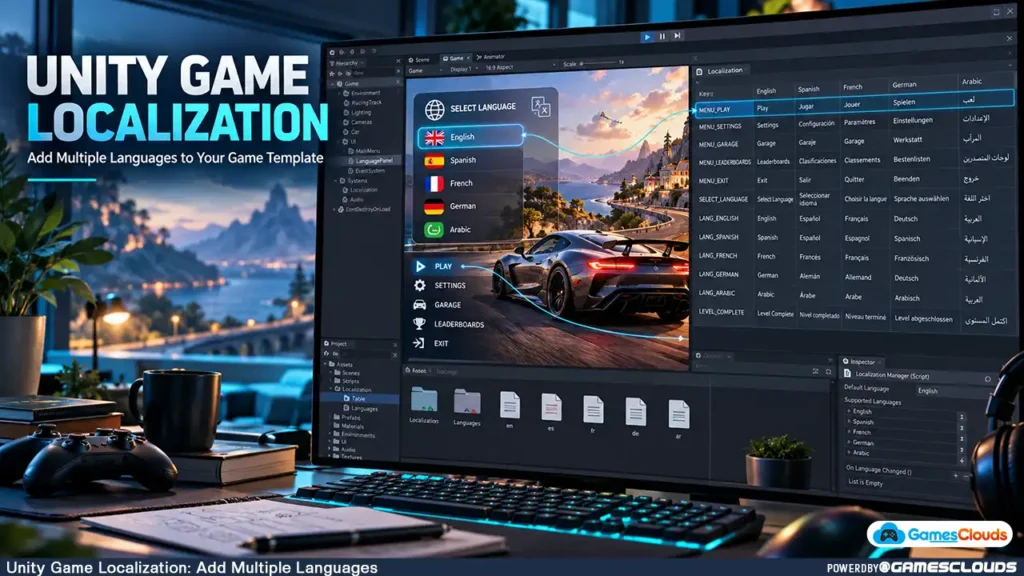Unity game localization workstation showing a racing game, multilingual language selection menu, and translation string tables.