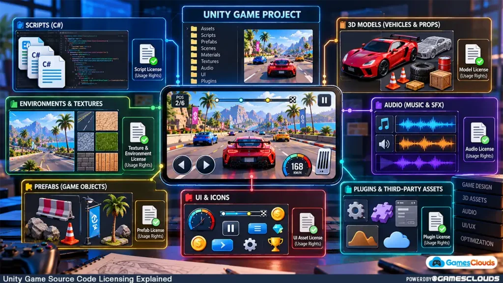 Unity game project showing source code, 3D models, textures, audio, UI assets, and plugins that may require separate licensing.