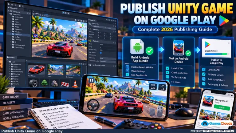 Publish Unity game on Google Play : Unity game publishing concept showing a mobile racing game, Android App Bundle, development workstation, and release preparation dashboard.