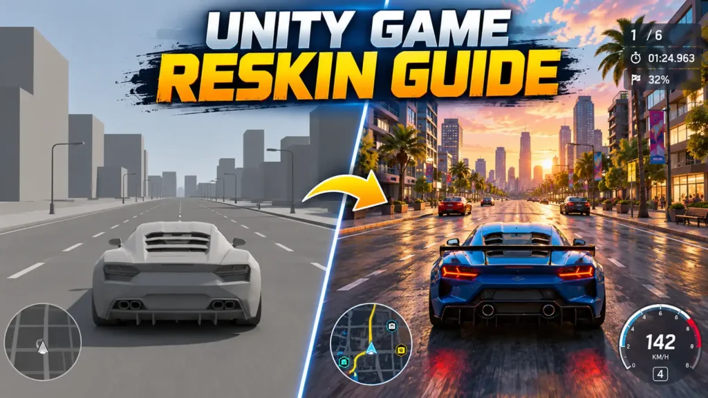 Before-and-after comparison of a basic Unity driving-game template and a professionally customized 3D mobile game : Unity Game Reskin
