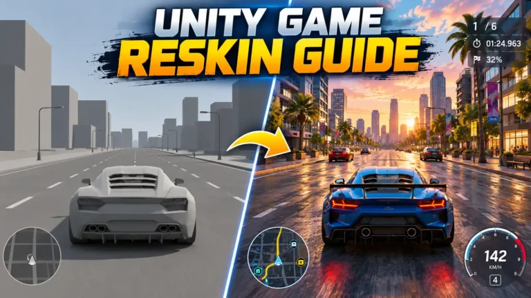 Before-and-after comparison of a basic Unity driving-game template and a professionally customized 3D mobile game : Unity Game Reskin