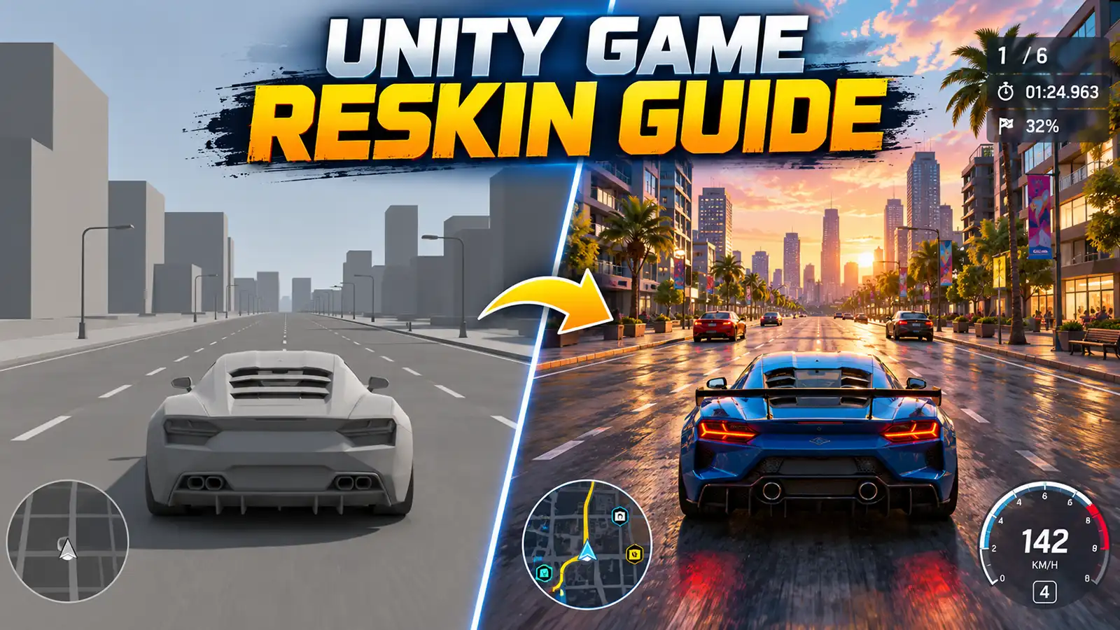 Before-and-after comparison of a basic Unity driving-game template and a professionally customized 3D mobile game : Unity Game Reskin