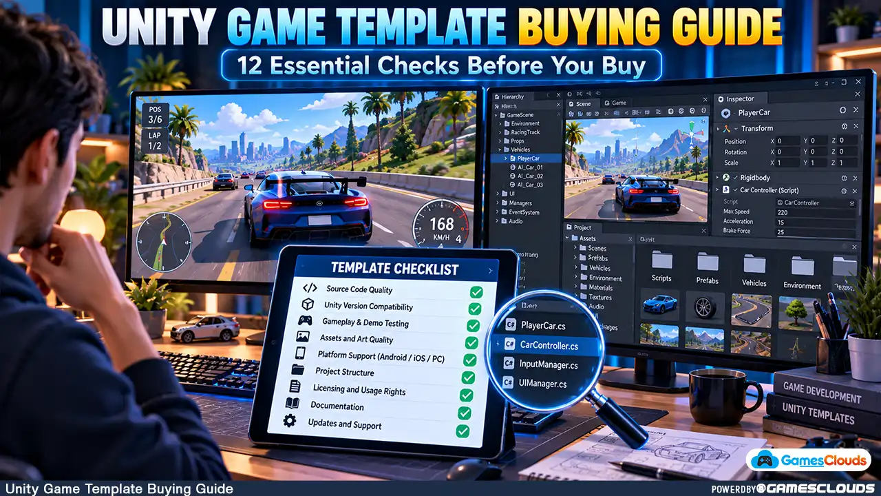 Unity game template buying guide : Professional Unity game development workstation showing a racing game template, editable source code, project files, and a technical evaluation checklist.