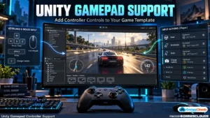 Unity gamepad support illustration showing a racing game, modern controller, keyboard input, and Input Actions configuration.