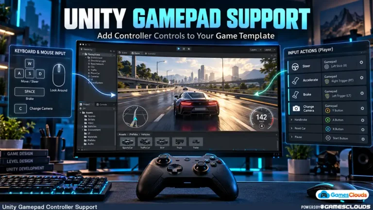 Unity gamepad support illustration showing a racing game, modern controller, keyboard input, and Input Actions configuration.