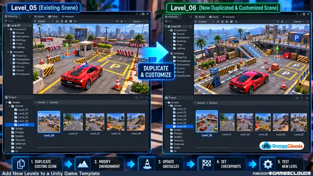 Unity level-design comparison showing an existing car parking scene duplicated and modified into a new gameplay level.