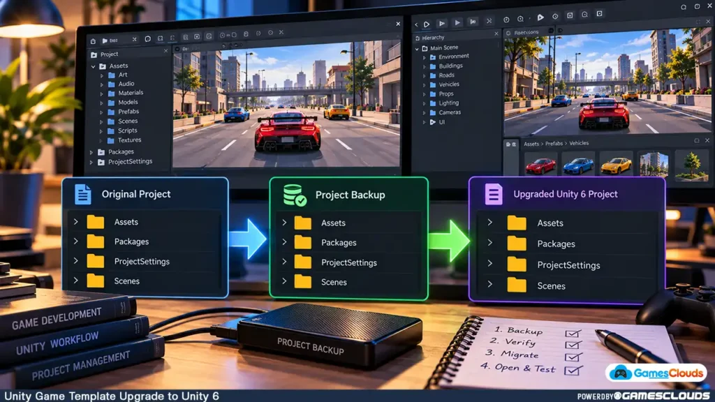 Unity game project migration workflow showing original source files, backups, and an upgraded working project.