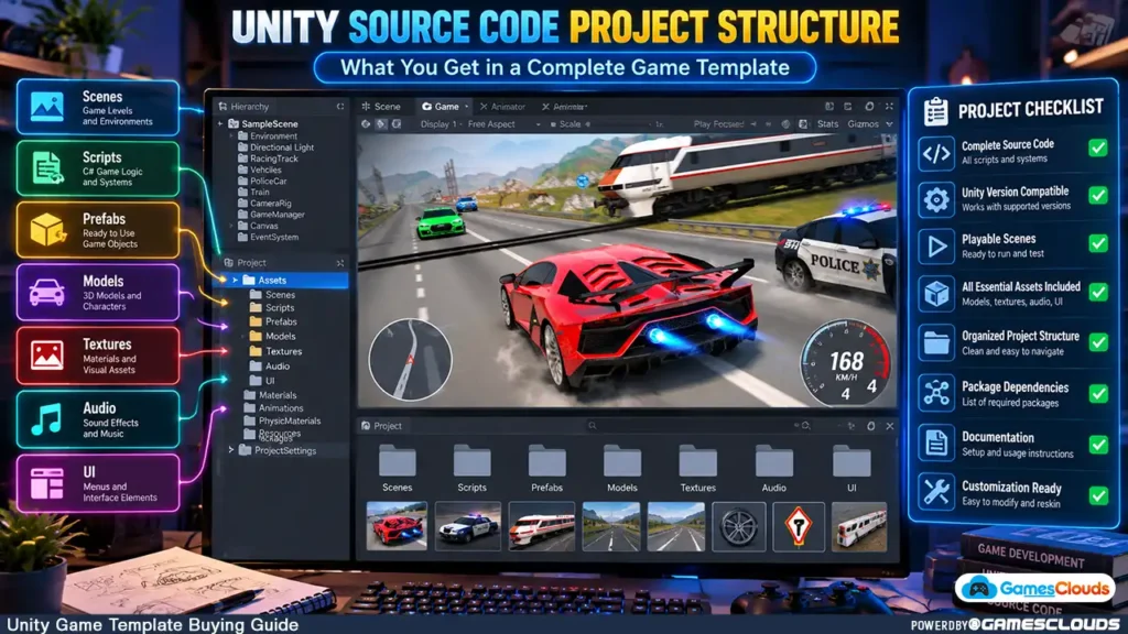 How to Evaluate a Unity Game Template Buying guide Before Buying: 12 Essential Technical Checks 2 Unity source-code project structure showing Assets, Packages, ProjectSettings, C# scripts, prefabs, and a playable 3D car racing or car parking game.