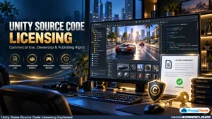 Unity game source code license concept showing a game development project, C# scripts, and a digital commercial license agreement.