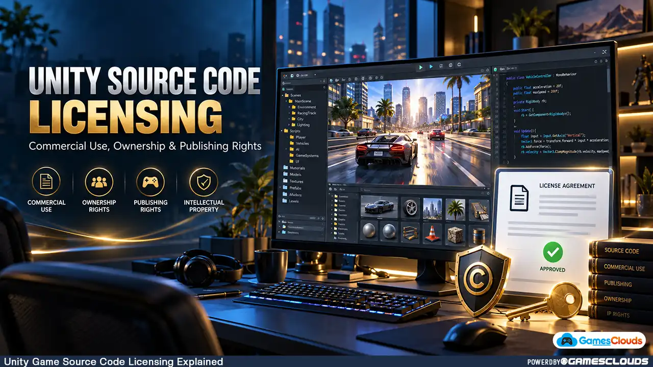 Unity game source code license concept showing a game development project, C# scripts, and a digital commercial license agreement.